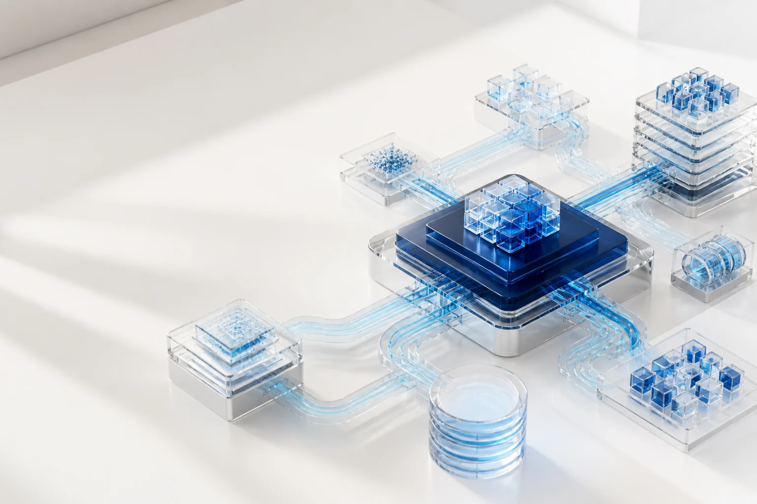 Arquitectura modular de vidrio conectada por rutas de datos azules
